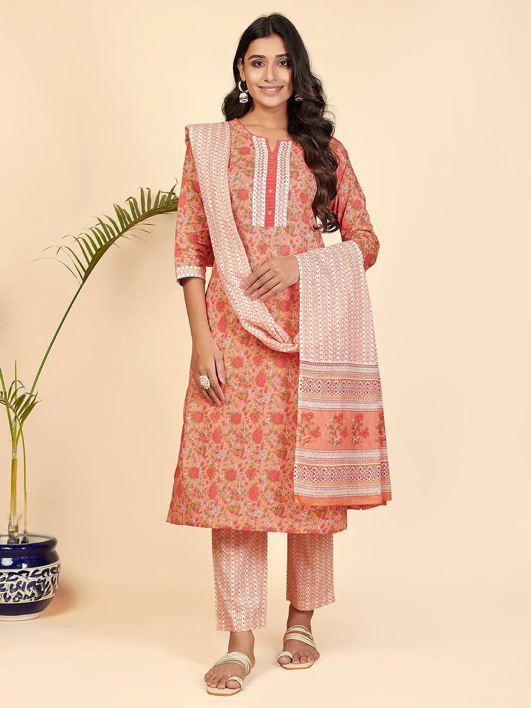 Women'S Printed & Embroidered Straight Cotton Orange Stitched Kurta Pant With Dupatta