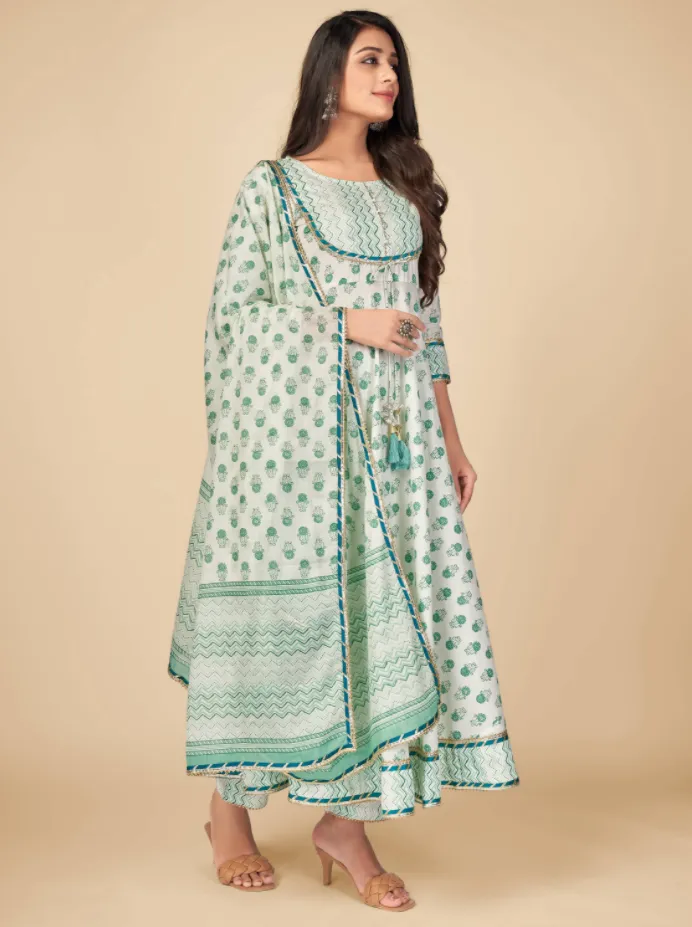 Women'S Printed & Gota Patti Work Anarkali Cotton Green Kurta Pant With Dupatta (3Pcs Set)