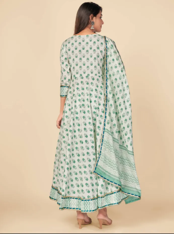 Women'S Printed & Gota Patti Work Anarkali Cotton Green Kurta Pant With Dupatta (3Pcs Set)