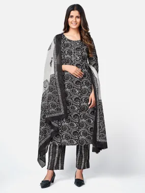 Women'S Printed & Gota Patti Work Straight Cotton Black Kurta Pant With Dupatta