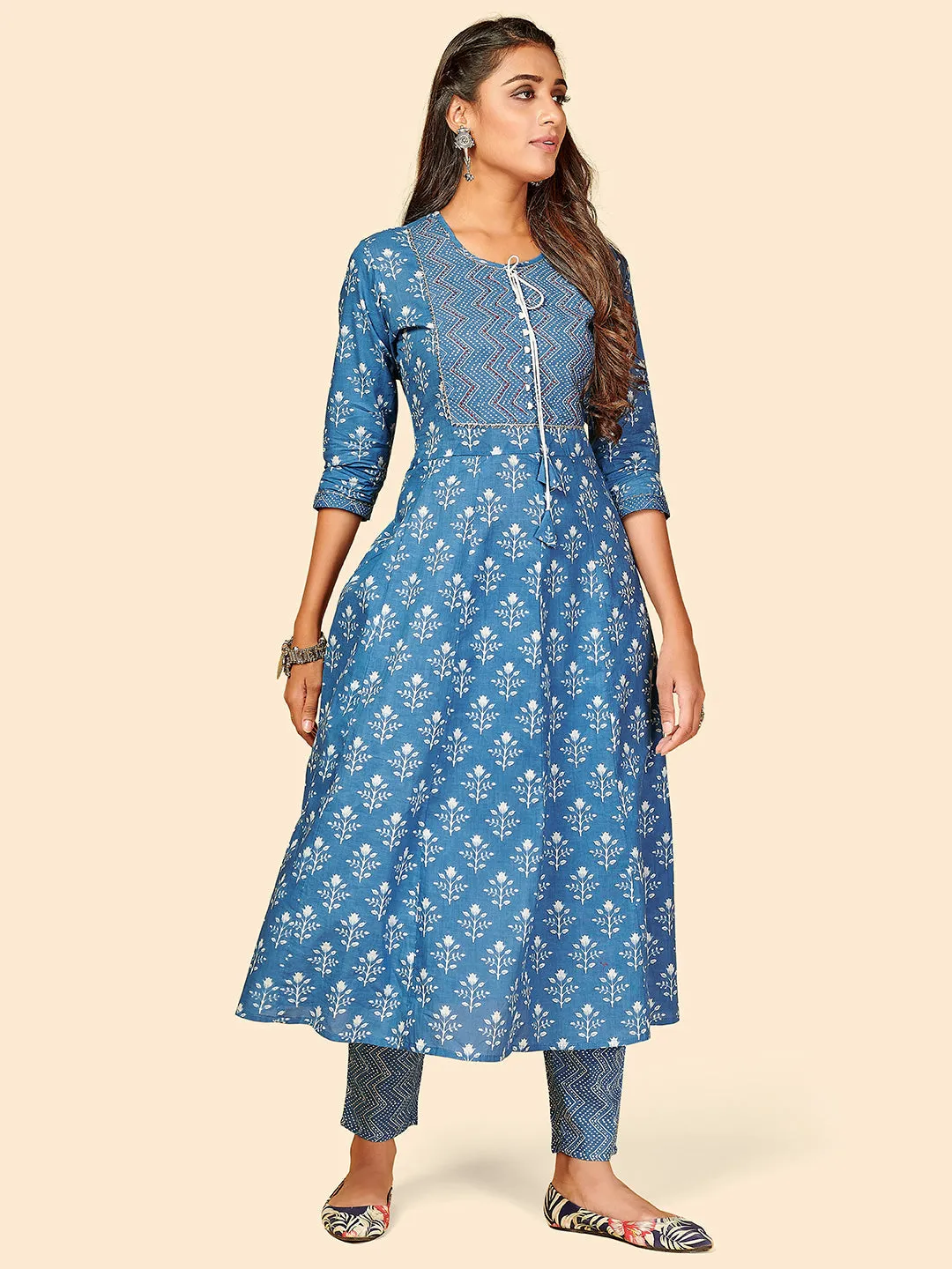 Women'S Printed & Hand Work Anarkali Cotton Blue Stitched Kurta Pant With Dupatta