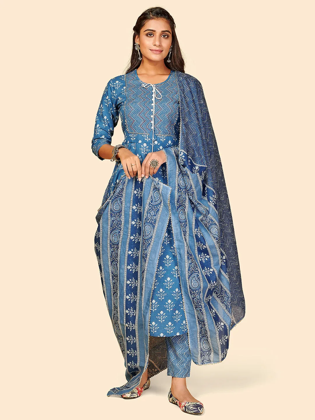 Women'S Printed & Hand Work Anarkali Cotton Blue Stitched Kurta Pant With Dupatta