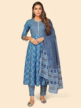 Women'S Printed & Hand Work Anarkali Cotton Blue Stitched Kurta Pant With Dupatta