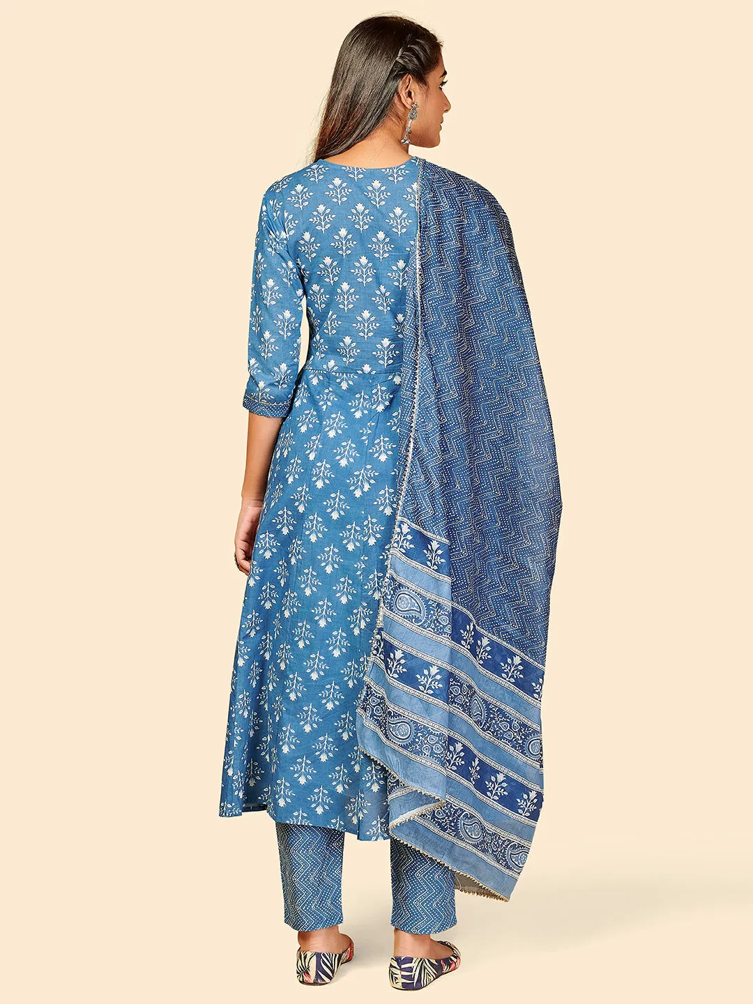 Women'S Printed & Hand Work Anarkali Cotton Blue Stitched Kurta Pant With Dupatta