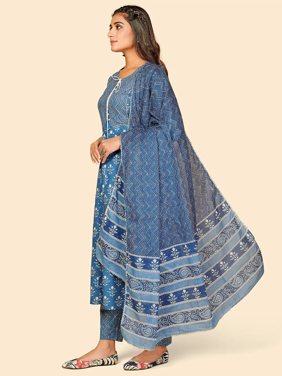 Women'S Printed & Hand Work Anarkali Cotton Blue Stitched Kurta Pant With Dupatta