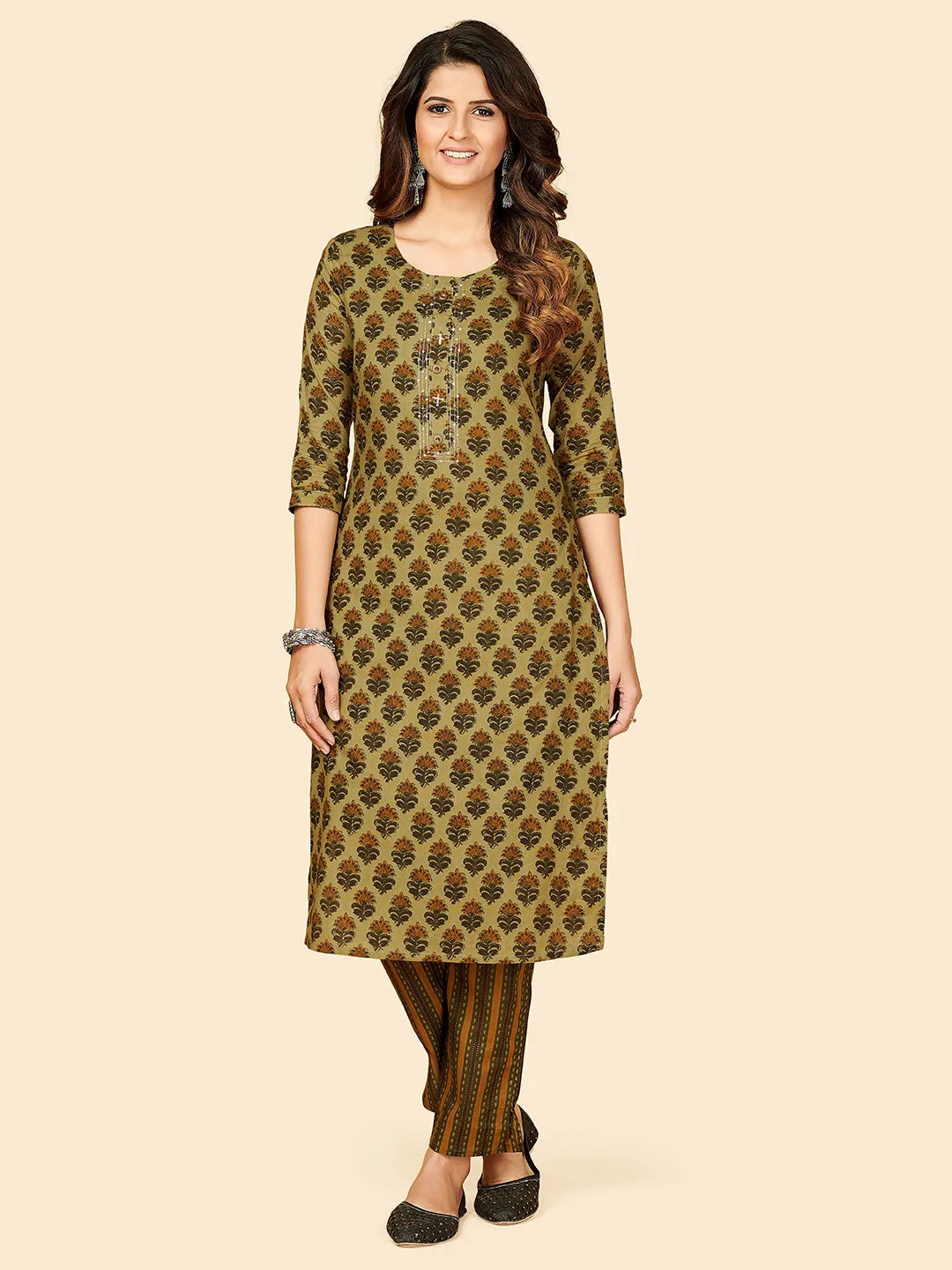 Women'S Printed & Sequience Work Straight Cotton Olive Green Stitched Kurta With Pant