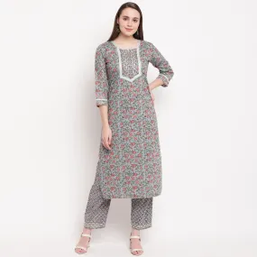 Women'S Printed Straight Cotton Grey Kurti With Pant Set