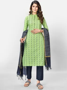 Women'S Printed Straight Cotton Parrot Green Kurta Pant With Dupatta