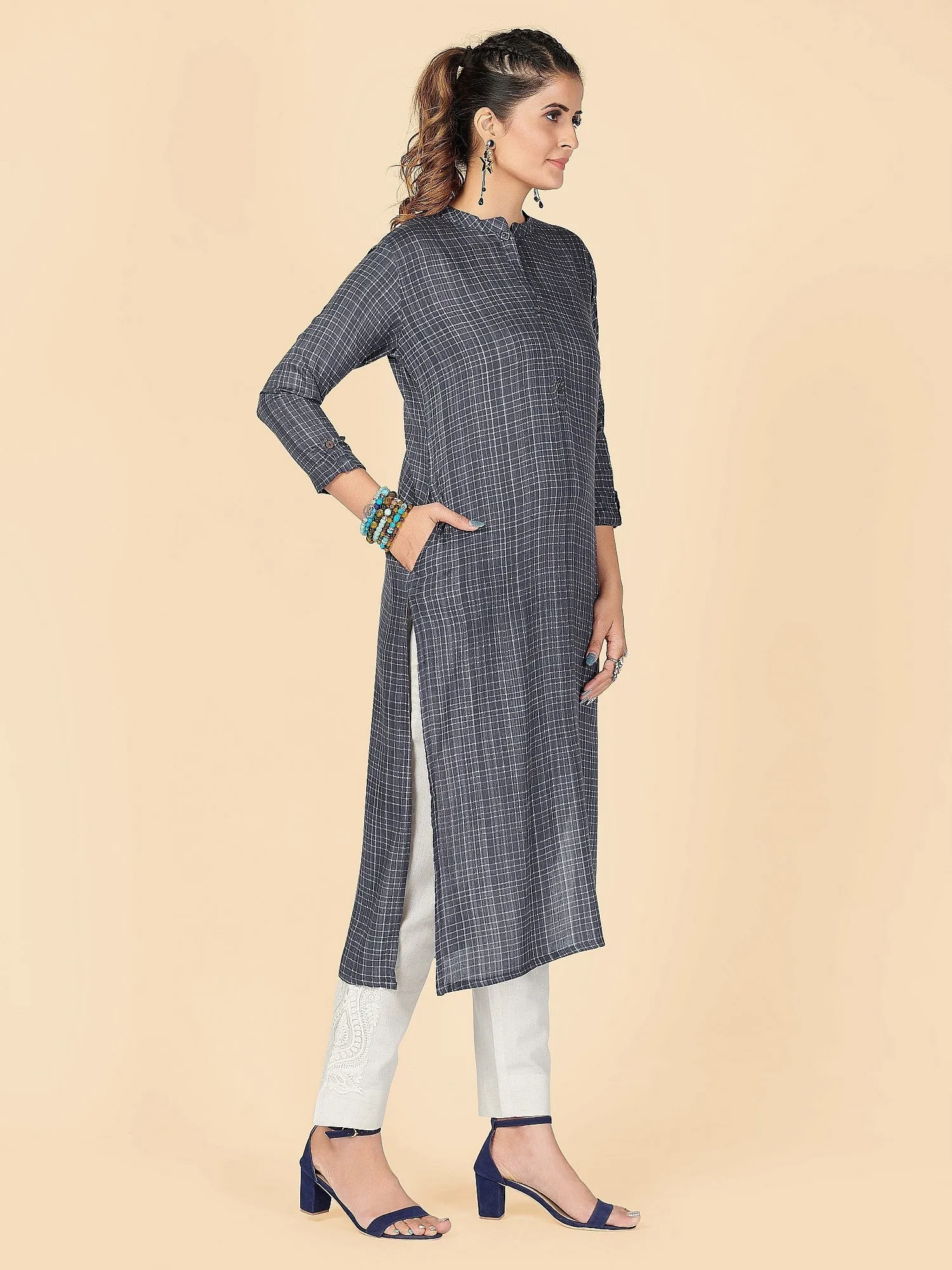 Women'S Printed Straight Rayon Grey Stitched Kurta